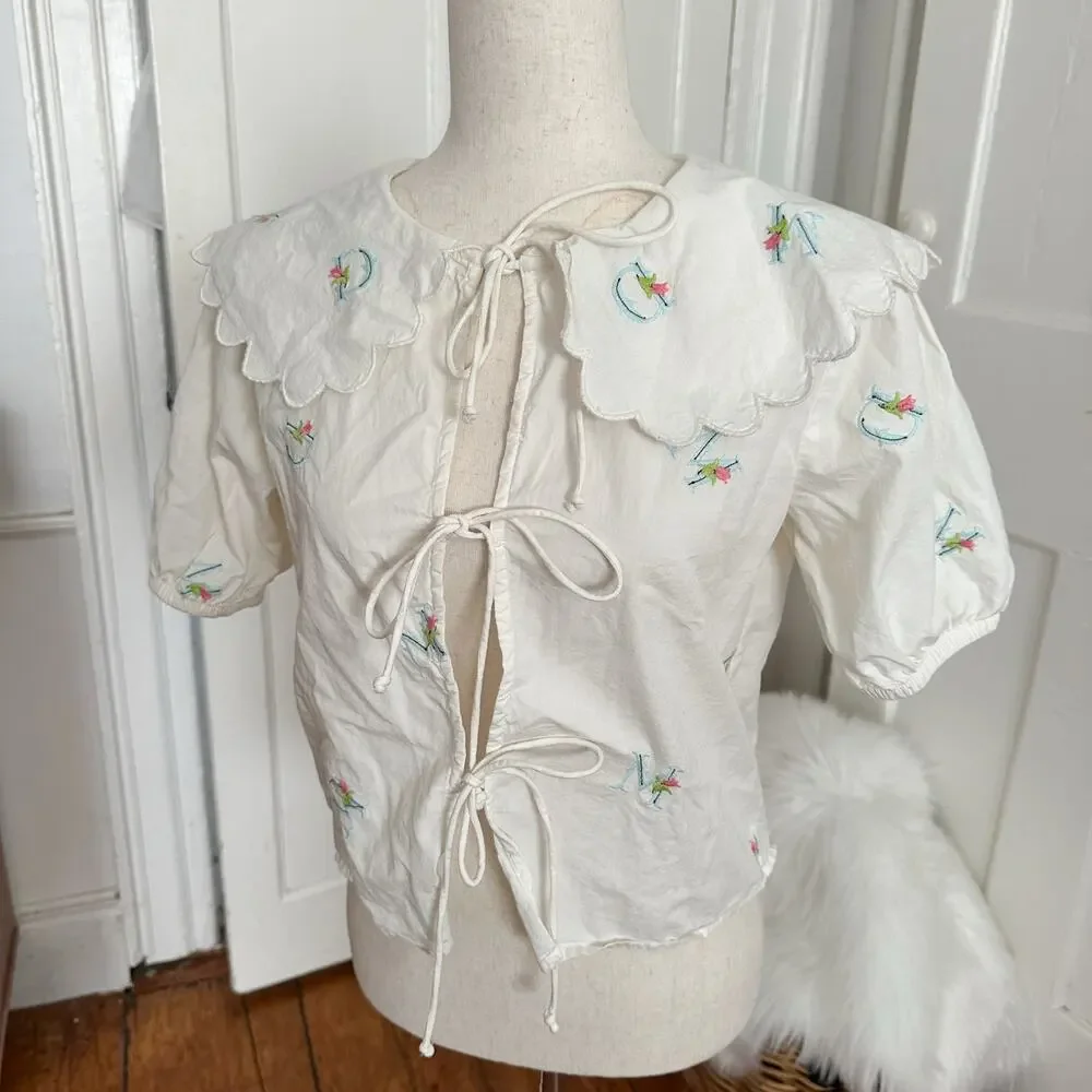 Damson Madder White Floral Collared Tie Top - Picture 2 of 5